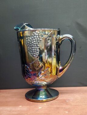 Vintage Iridescent Blue Carnival Glass Harvest Grape Pitcher